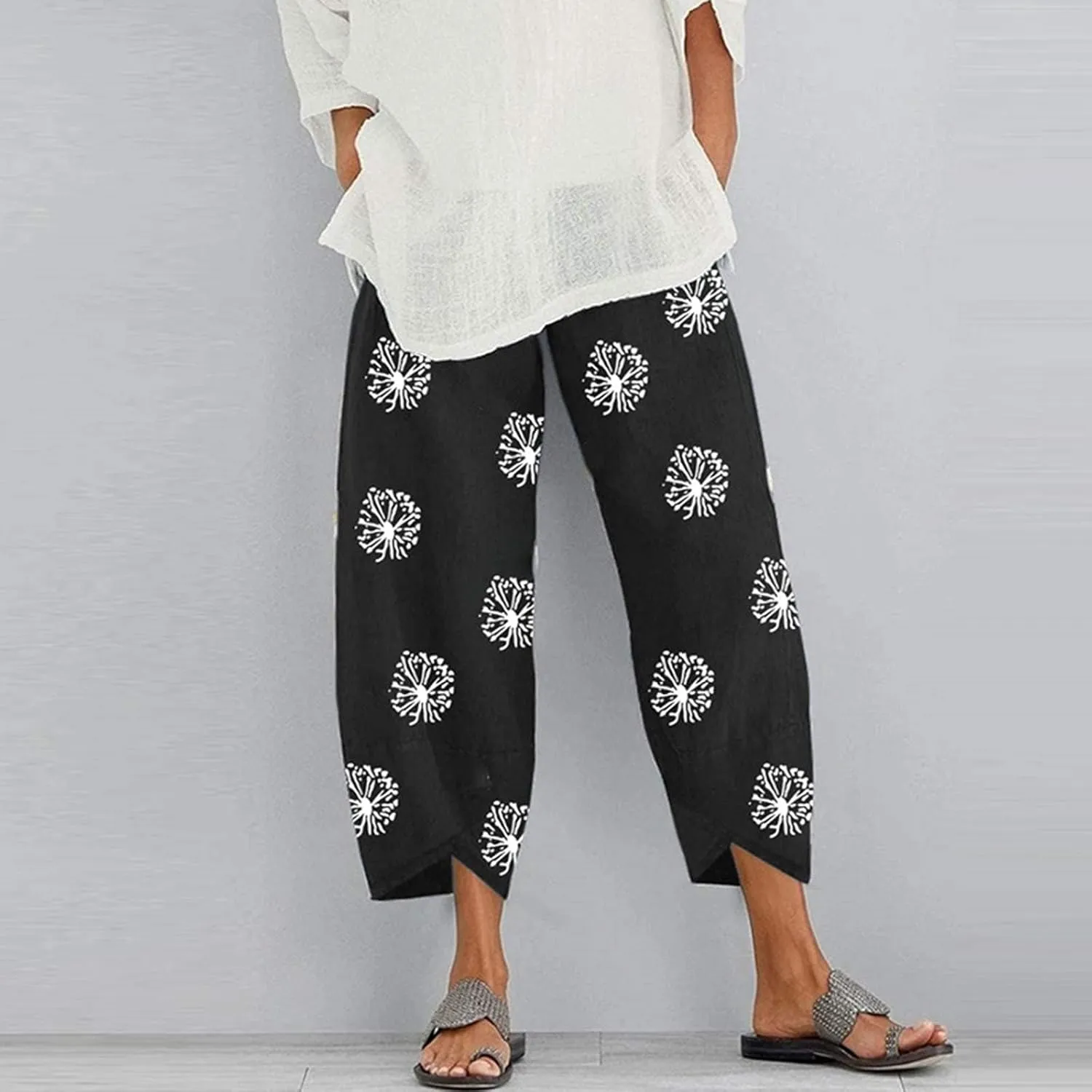 Guteidee Cotton Linen Casual Summer Capri Pants Printed Cropped Comfy Baggy Trousers with Pockets Palazzo Lounge Pants