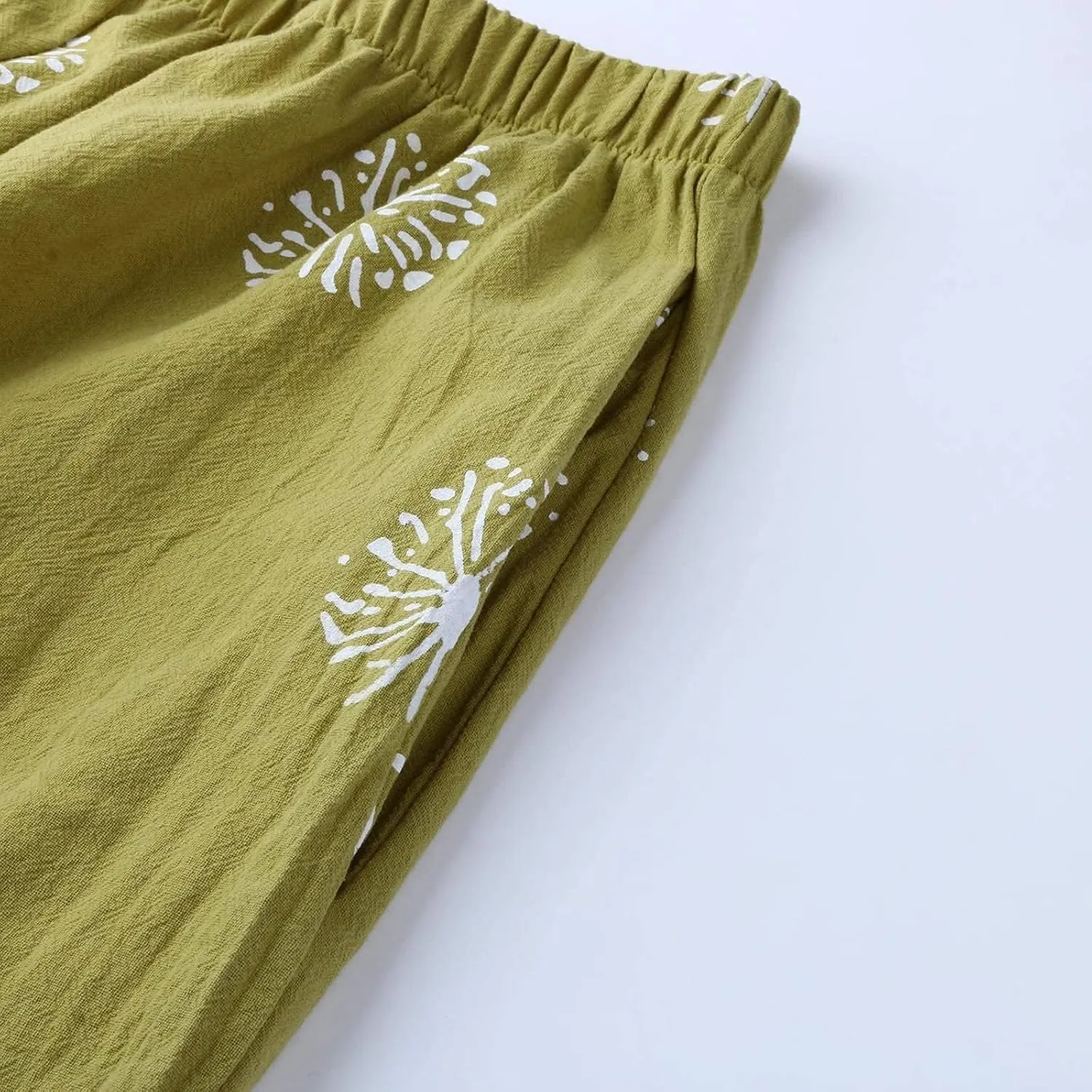 Guteidee Cotton Linen Casual Summer Capri Pants Printed Cropped Comfy Baggy Trousers with Pockets Palazzo Lounge Pants