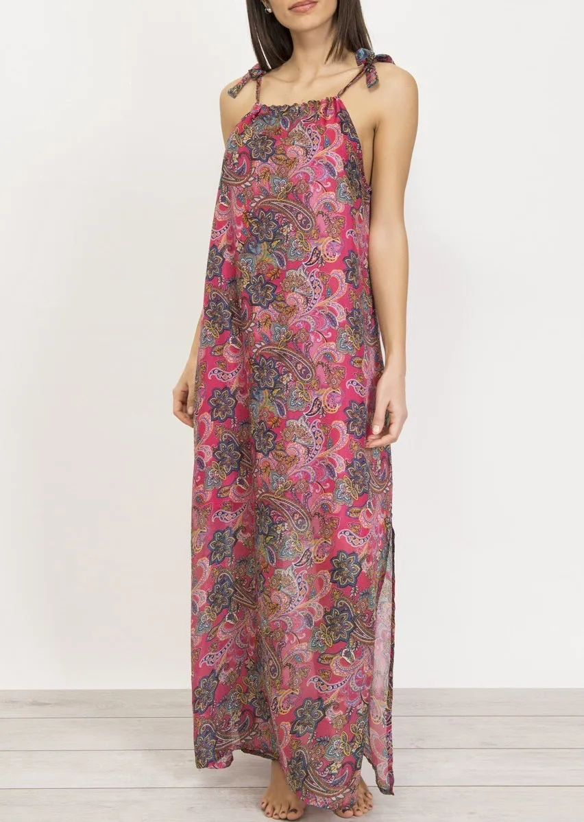 Hand-Printed Pure Silk Maxi Sundress