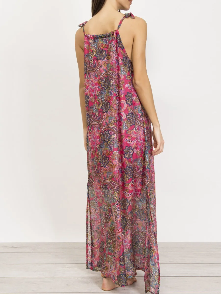 Hand-Printed Pure Silk Maxi Sundress