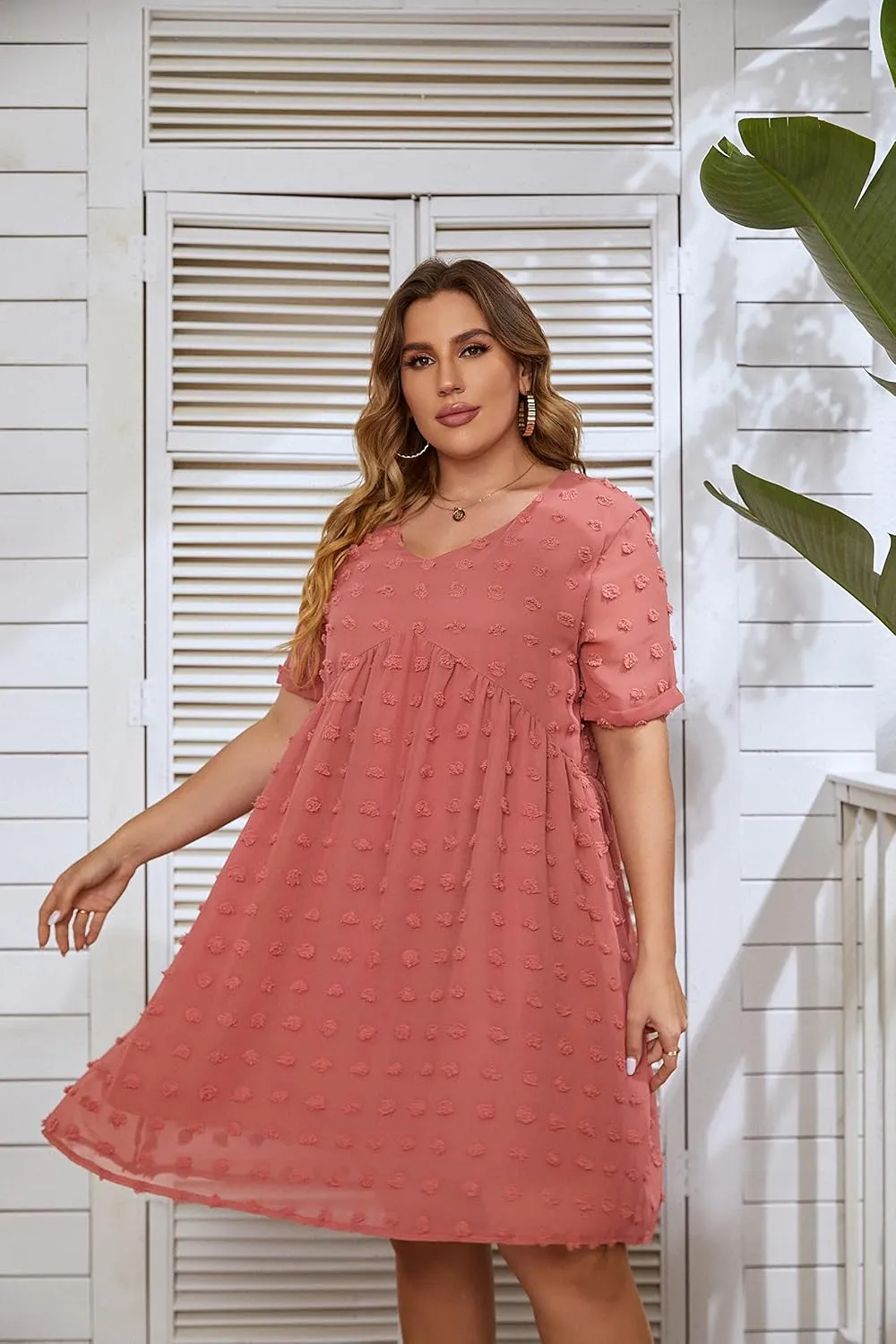 HBEYYTO Women's Summer Short Sleeve Sexy V Neck Flowy Mini Dress Plus Size Casual Dress Swiss Dot Short Loose Fit Sun Dress