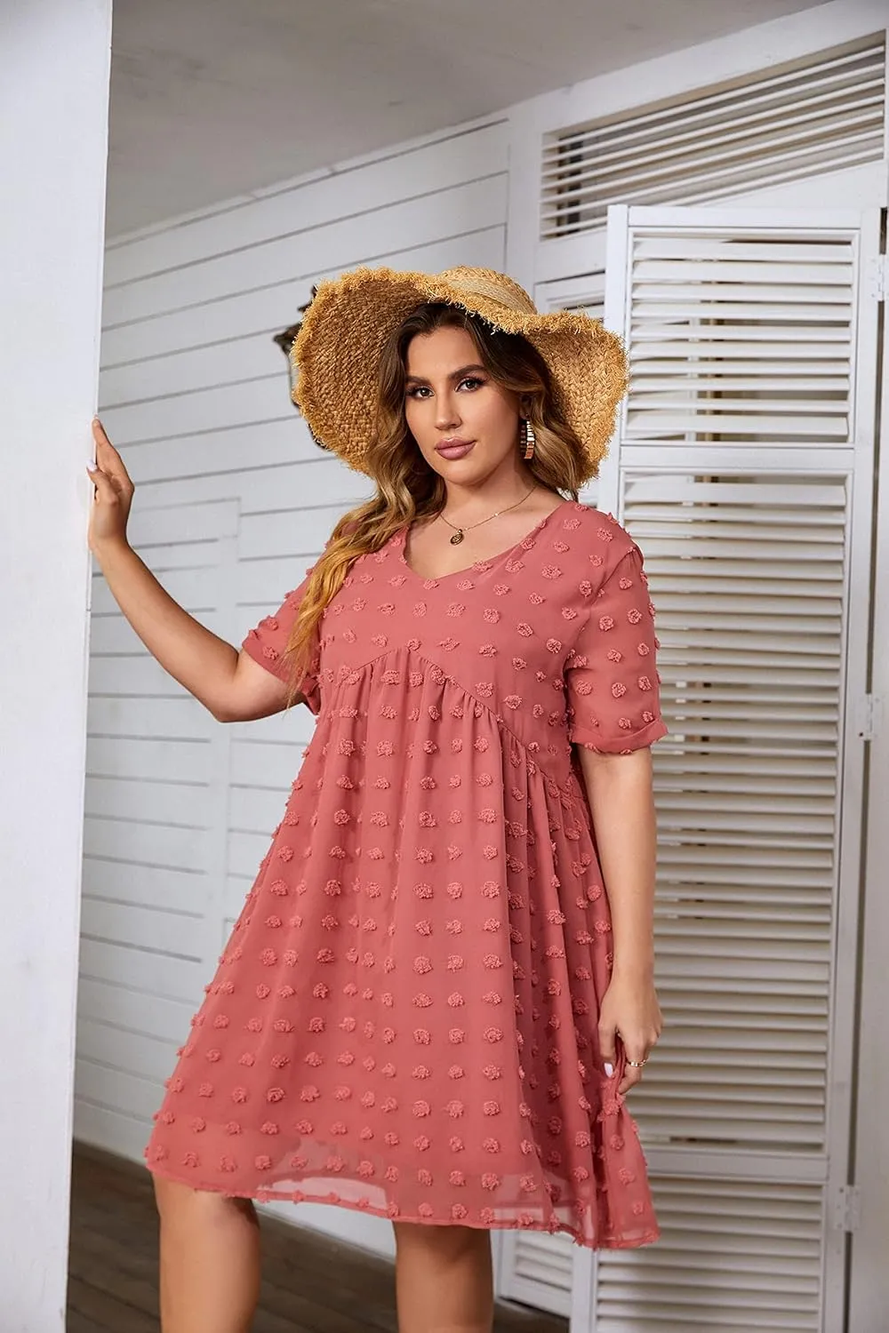 HBEYYTO Women's Summer Short Sleeve Sexy V Neck Flowy Mini Dress Plus Size Casual Dress Swiss Dot Short Loose Fit Sun Dress
