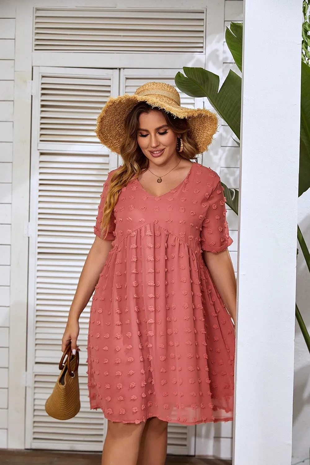 HBEYYTO Women's Summer Short Sleeve Sexy V Neck Flowy Mini Dress Plus Size Casual Dress Swiss Dot Short Loose Fit Sun Dress