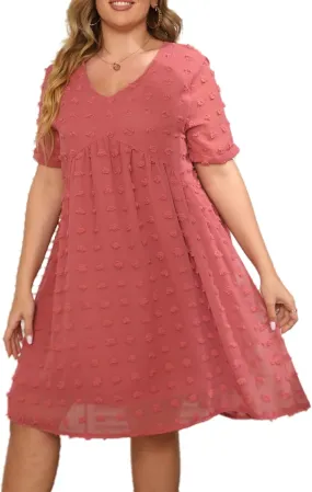 HBEYYTO Women's Summer Short Sleeve Sexy V Neck Flowy Mini Dress Plus Size Casual Dress Swiss Dot Short Loose Fit Sun Dress