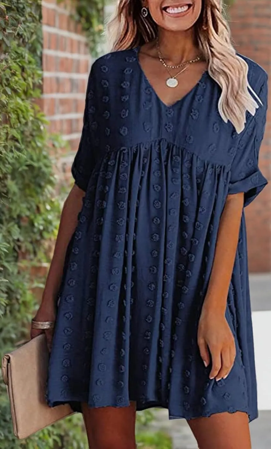 HBEYYTO Women's Summer Short Sleeve Sexy V Neck Flowy Mini Dress Plus Size Casual Dress Swiss Dot Short Loose Fit Sun Dress