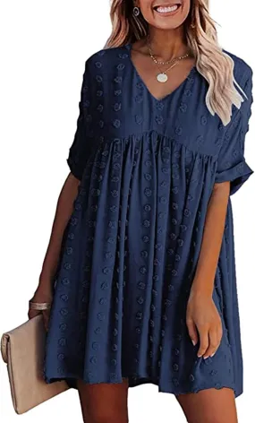 HBEYYTO Women's Summer Short Sleeve Sexy V Neck Flowy Mini Dress Plus Size Casual Dress Swiss Dot Short Loose Fit Sun Dress