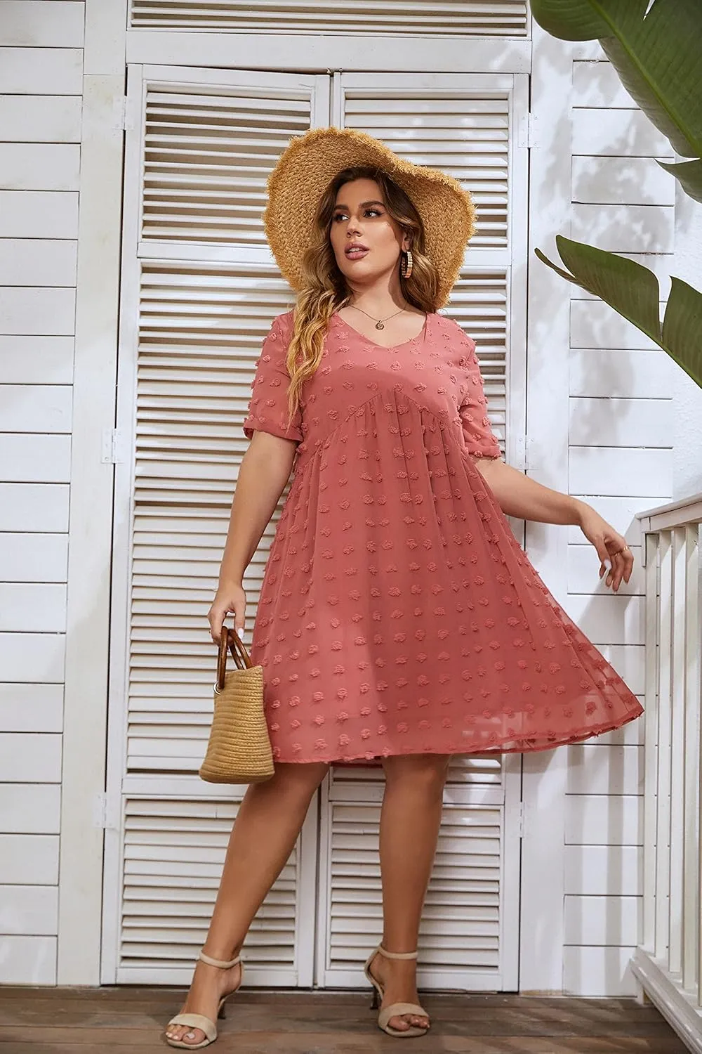 HBEYYTO Women's Summer Short Sleeve Sexy V Neck Flowy Mini Dress Plus Size Casual Dress Swiss Dot Short Loose Fit Sun Dress