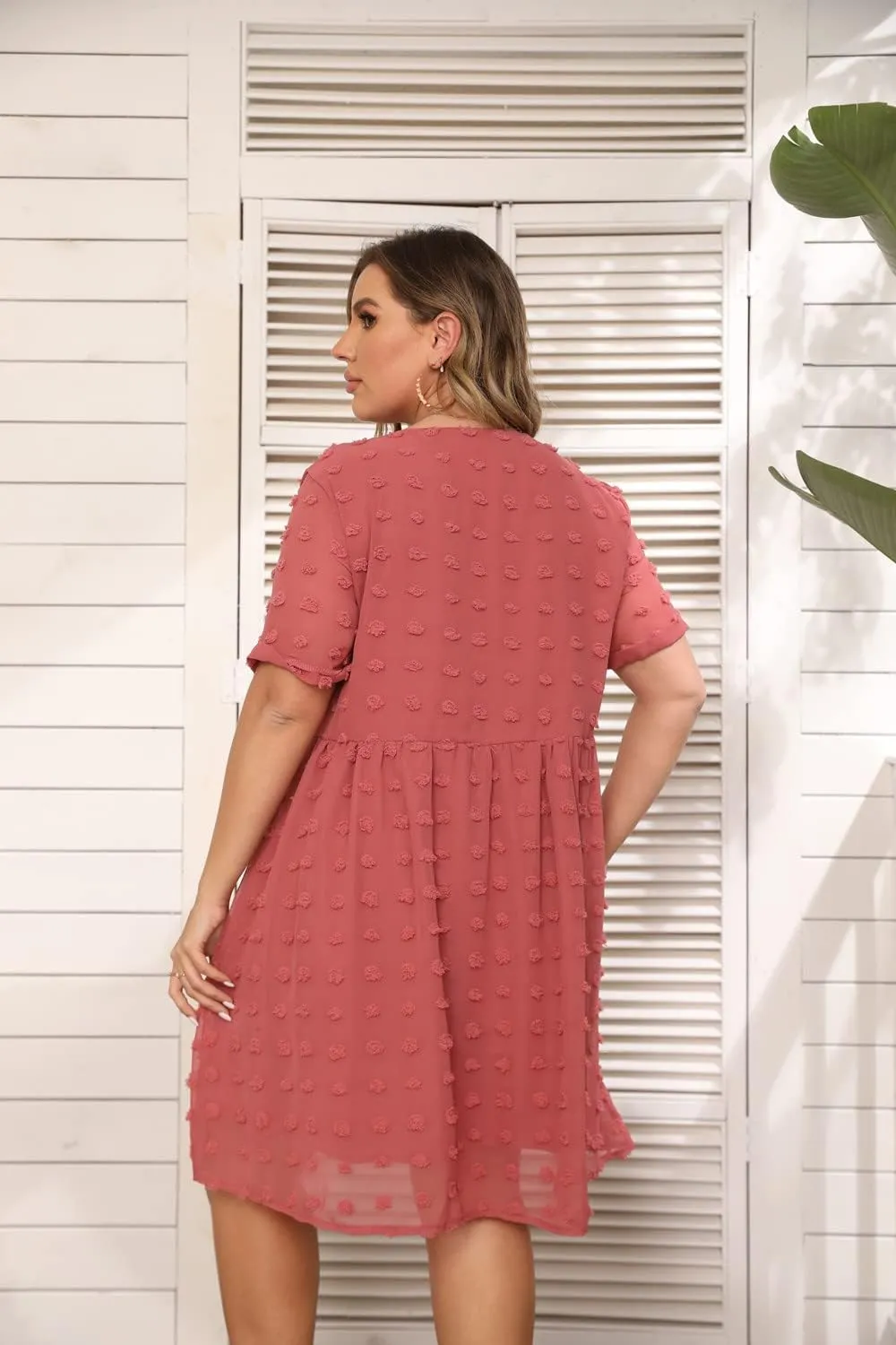 HBEYYTO Women's Summer Short Sleeve Sexy V Neck Flowy Mini Dress Plus Size Casual Dress Swiss Dot Short Loose Fit Sun Dress