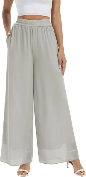 heipeiwa Women's Chiffon Dress Beach Wide Leg Palazzo Pants Elastic Waist Trouser