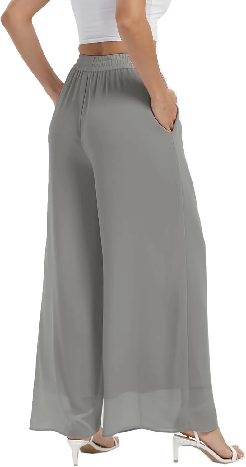 heipeiwa Women's Chiffon Dress Beach Wide Leg Palazzo Pants Elastic Waist Trouser