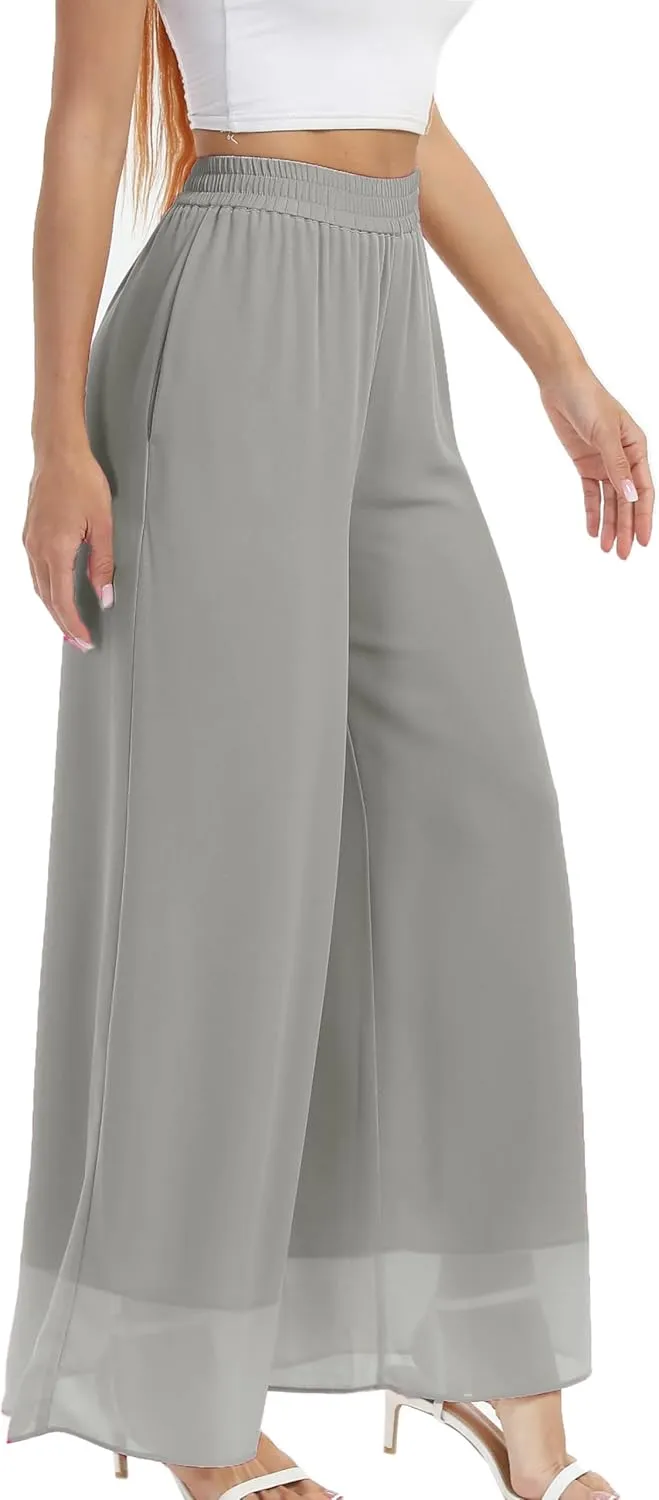 heipeiwa Women's Chiffon Dress Beach Wide Leg Palazzo Pants Elastic Waist Trouser