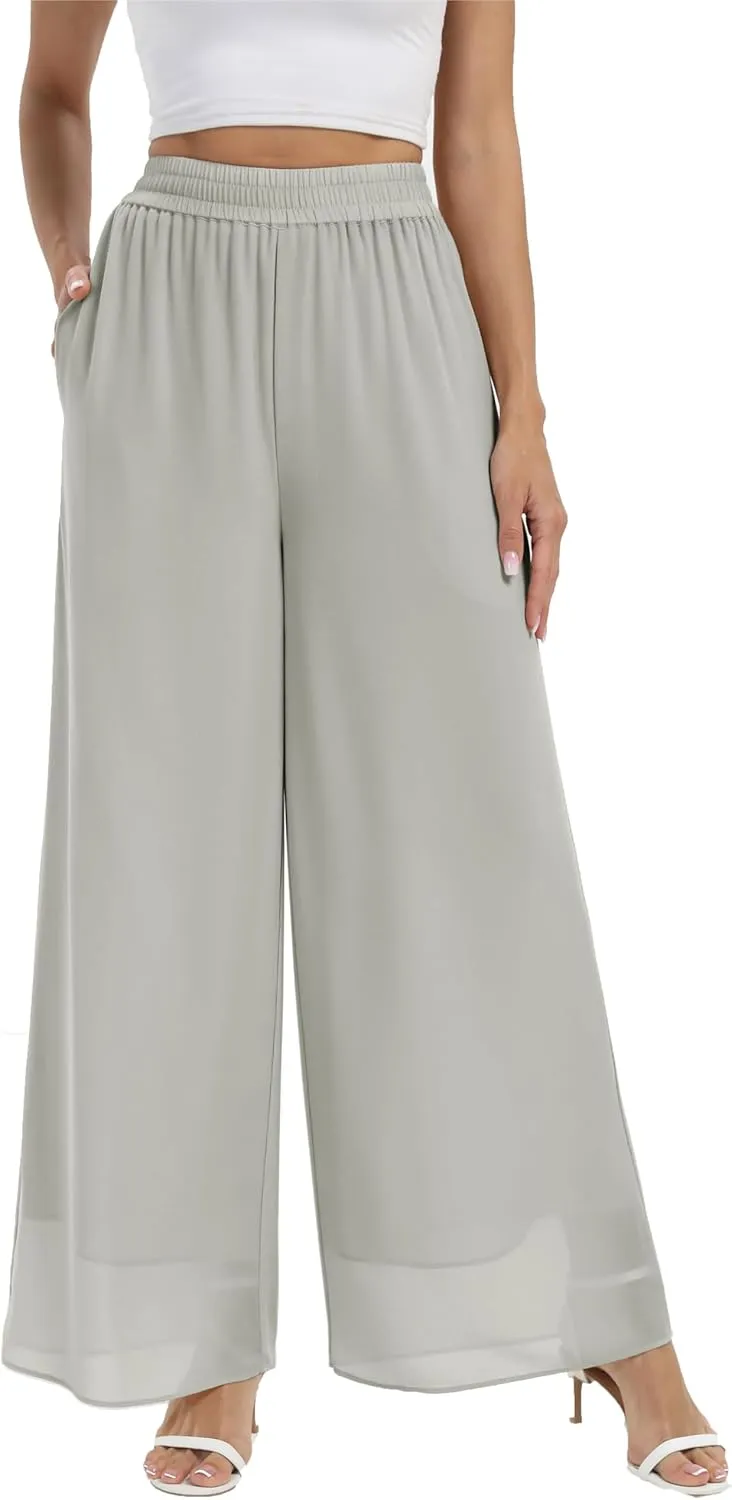 heipeiwa Women's Chiffon Dress Beach Wide Leg Palazzo Pants Elastic Waist Trouser