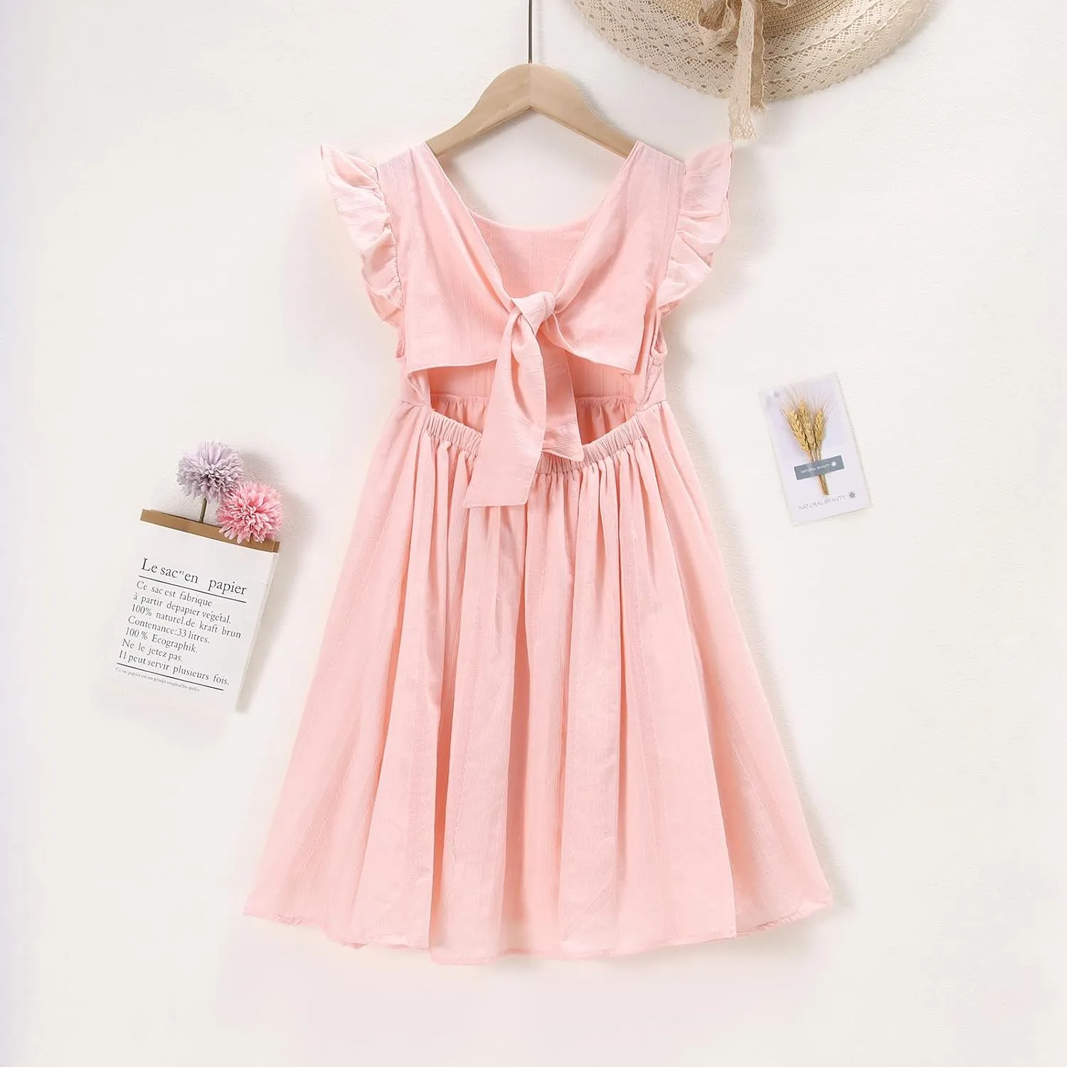 IZYJOY Girls Cotton Dress Tie Back Ruffle Sleeveless Sundress Summer Casual Beach A-Line Swing Solid Midi Dresses