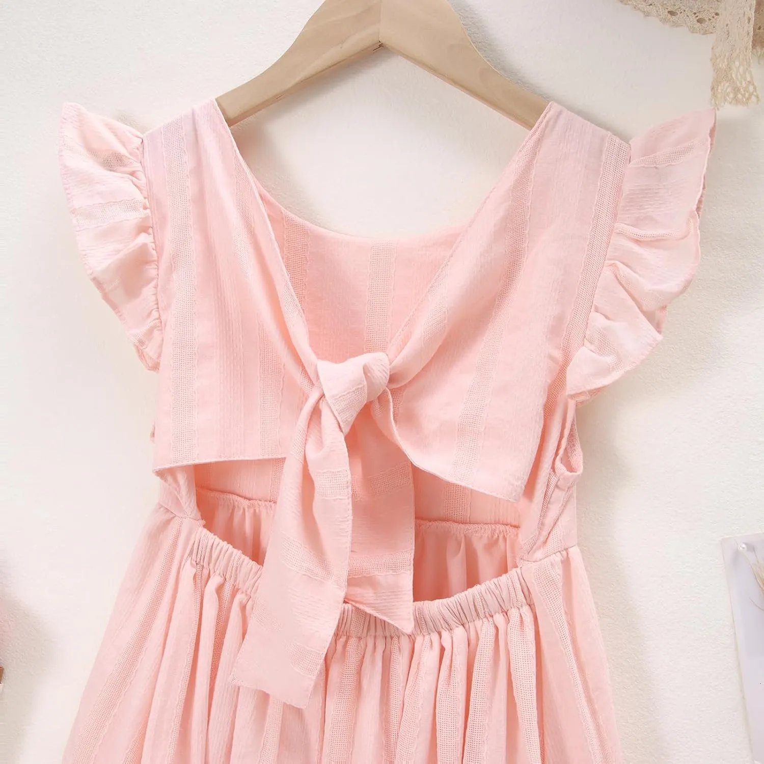IZYJOY Girls Cotton Dress Tie Back Ruffle Sleeveless Sundress Summer Casual Beach A-Line Swing Solid Midi Dresses