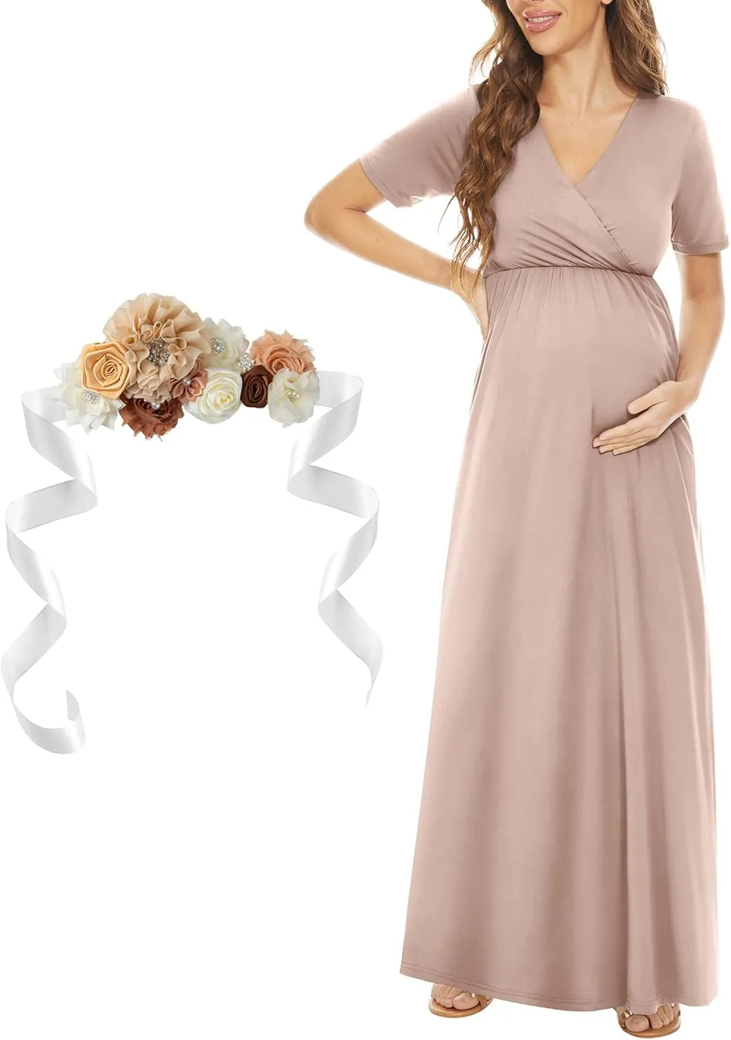 KIM S Maternity Maxi Dress with Flower Sash(S-3XL)/Wrapped Ruched V Neck Photoshoot Baby Shower Dresses