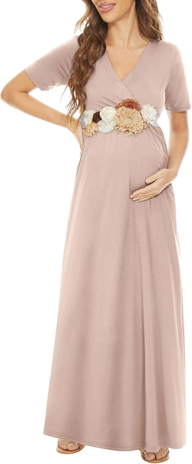 KIM S Maternity Maxi Dress with Flower Sash(S-3XL)/Wrapped Ruched V Neck Photoshoot Baby Shower Dresses