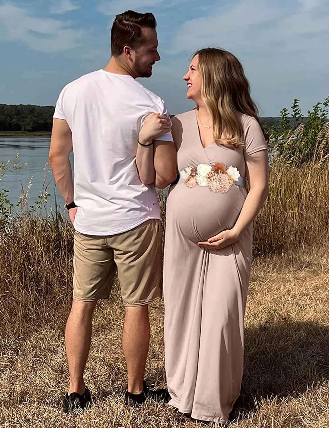 KIM S Maternity Maxi Dress with Flower Sash(S-3XL)/Wrapped Ruched V Neck Photoshoot Baby Shower Dresses