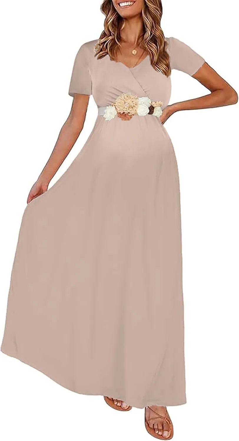 KIM S Maternity Maxi Dress with Flower Sash(S-3XL)/Wrapped Ruched V Neck Photoshoot Baby Shower Dresses