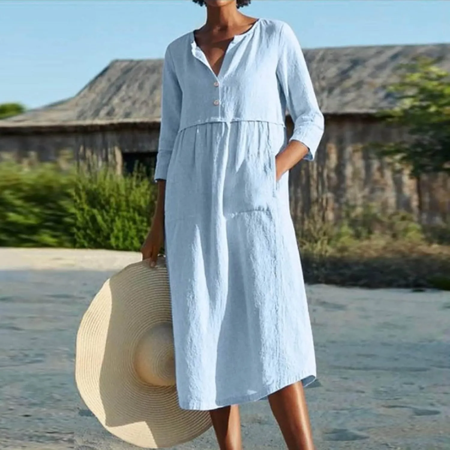 Linen Dresses for Women 2025 Casual Loose Shift Tunic Round Neck 3/4 Sleeve Dress Solid Color Basic Breathable Dress