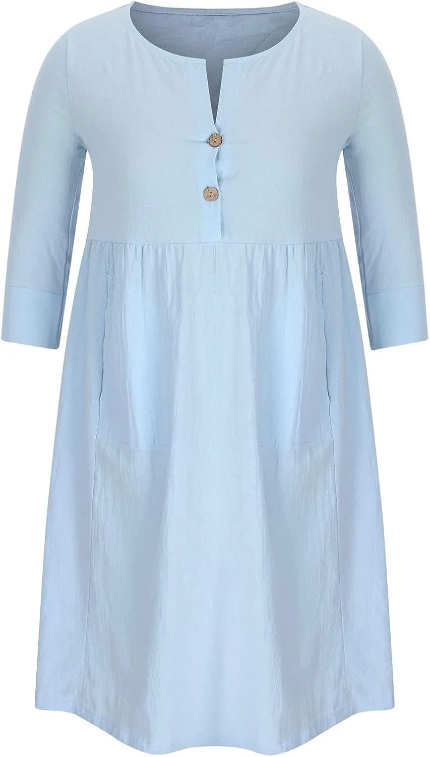 Linen Dresses for Women 2025 Casual Loose Shift Tunic Round Neck 3/4 Sleeve Dress Solid Color Basic Breathable Dress