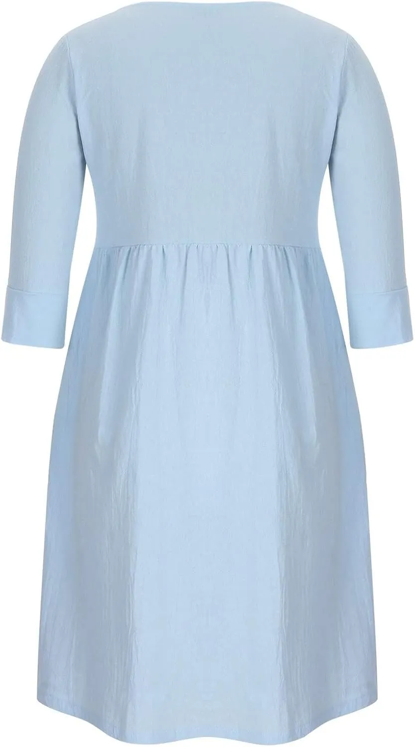 Linen Dresses for Women 2025 Casual Loose Shift Tunic Round Neck 3/4 Sleeve Dress Solid Color Basic Breathable Dress