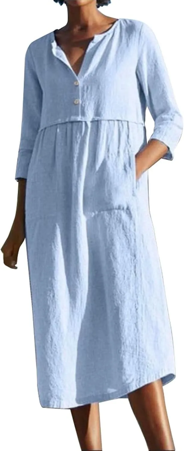 Linen Dresses for Women 2025 Casual Loose Shift Tunic Round Neck 3/4 Sleeve Dress Solid Color Basic Breathable Dress