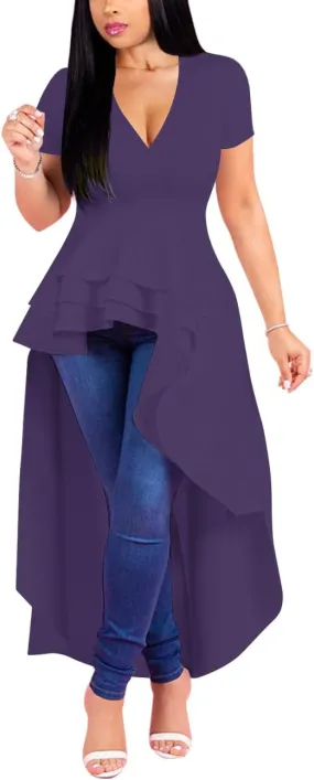 Lrady Womens V Neck Short Sleeve High Low Cocktail Party Dresses Peplum Tunic Tops Shirt Dress