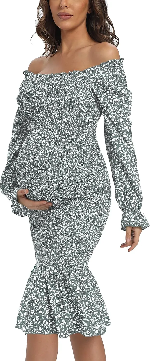 Maternity Spring Floral Midi Bodycon Dresses, Short Puff Sleeve Square Neck Ruffle Hem Mermaid Baby Shower Dress Grey XL