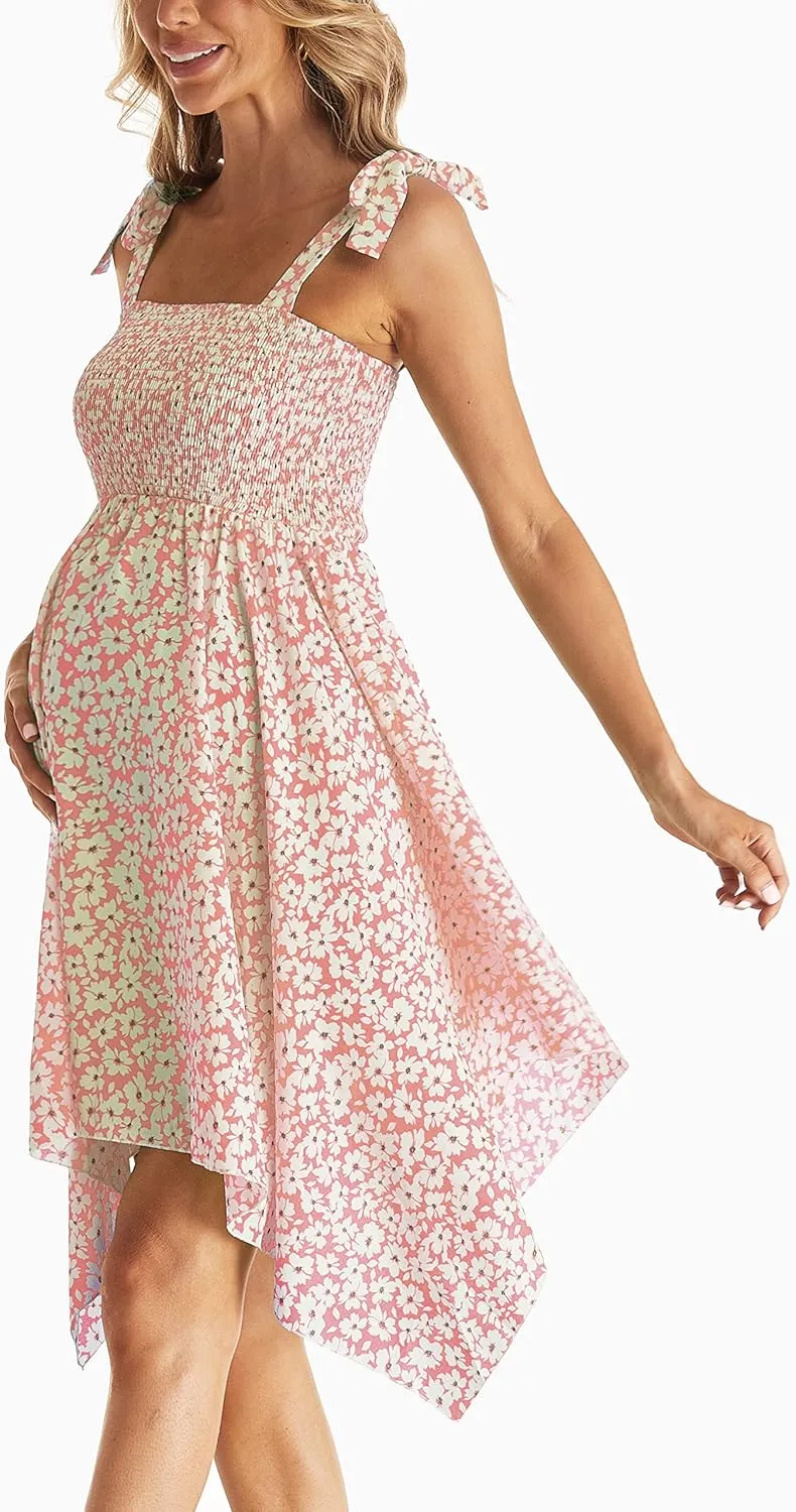 Maternity Summer Sleeveless Floral Maternity Dress, Square Neck Flowy Irregular Hem Baby Shower Dress