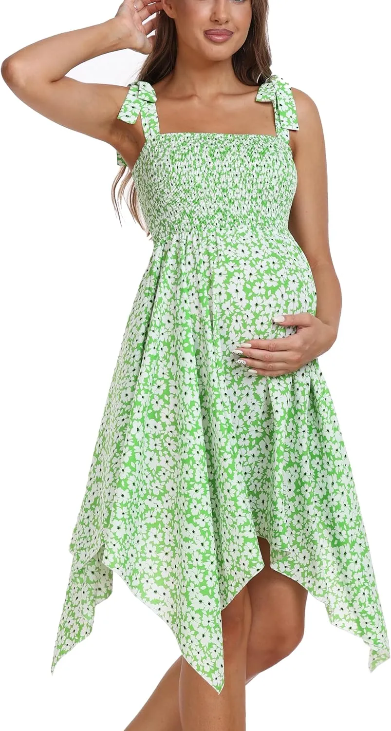 Maternity Summer Sleeveless Floral Maternity Dress, Square Neck Flowy Irregular Hem Baby Shower Dress