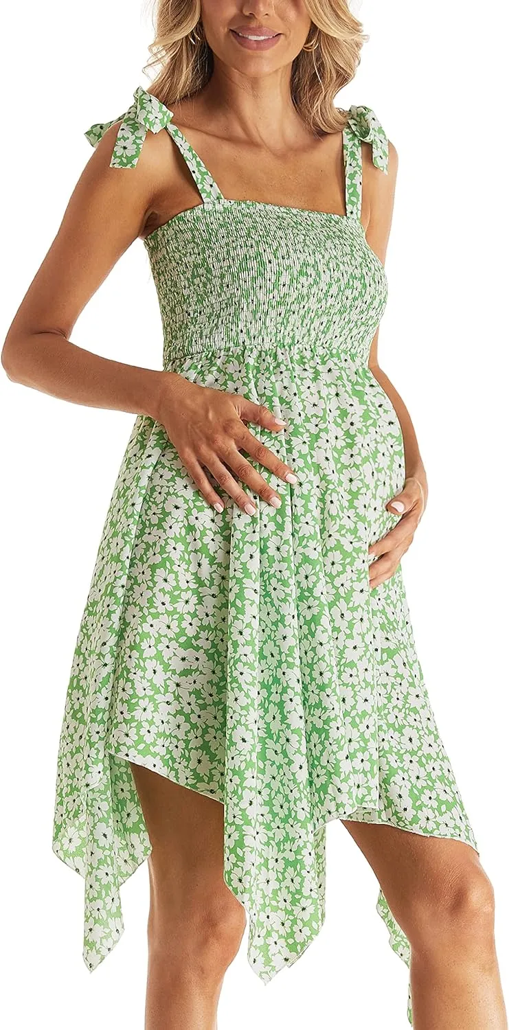 Maternity Summer Sleeveless Floral Maternity Dress, Square Neck Flowy Irregular Hem Baby Shower Dress