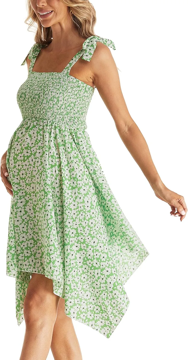 Maternity Summer Sleeveless Floral Maternity Dress, Square Neck Flowy Irregular Hem Baby Shower Dress