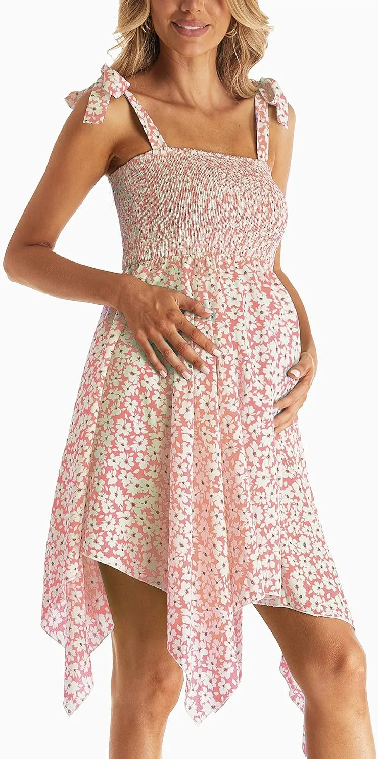 Maternity Summer Sleeveless Floral Maternity Dress, Square Neck Flowy Irregular Hem Baby Shower Dress