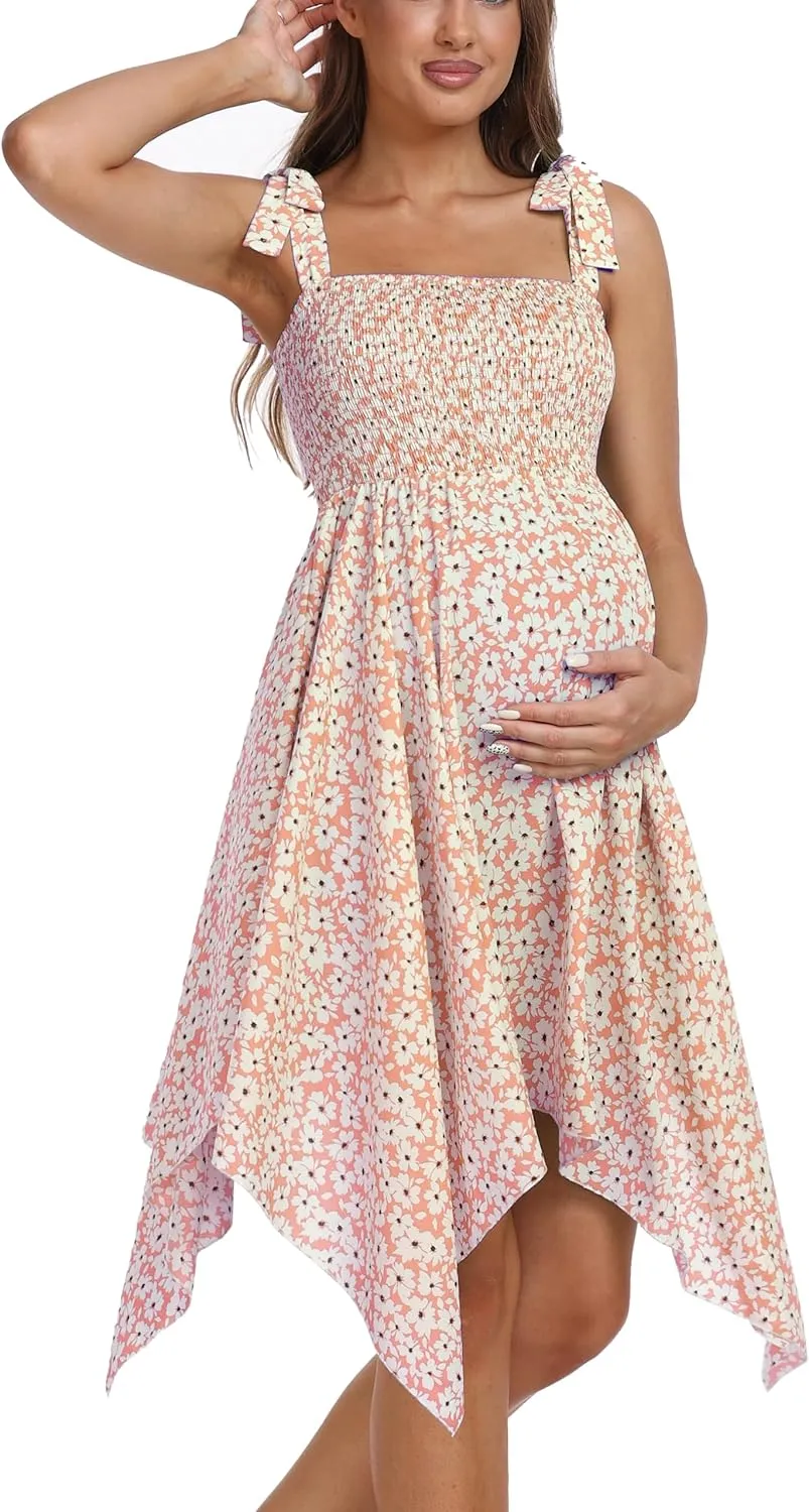 Maternity Summer Sleeveless Floral Maternity Dress, Square Neck Flowy Irregular Hem Baby Shower Dress