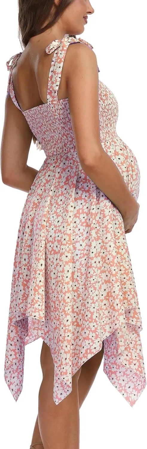 Maternity Summer Sleeveless Floral Maternity Dress, Square Neck Flowy Irregular Hem Baby Shower Dress