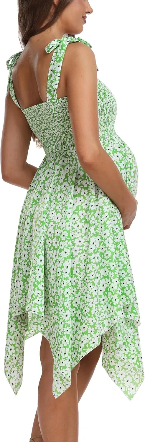 Maternity Summer Sleeveless Floral Maternity Dress, Square Neck Flowy Irregular Hem Baby Shower Dress