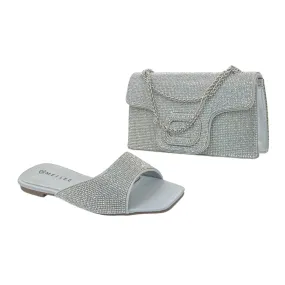 Meilee Open Toe Rhinestone Flat Mules & Clutch Set