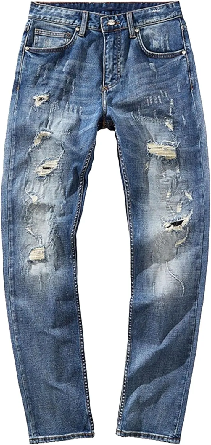 Men's Fashion Ripped Casual Denim Pants Streetwear Loose Fit Biker Jeans Regular Fit Distressed Jeans