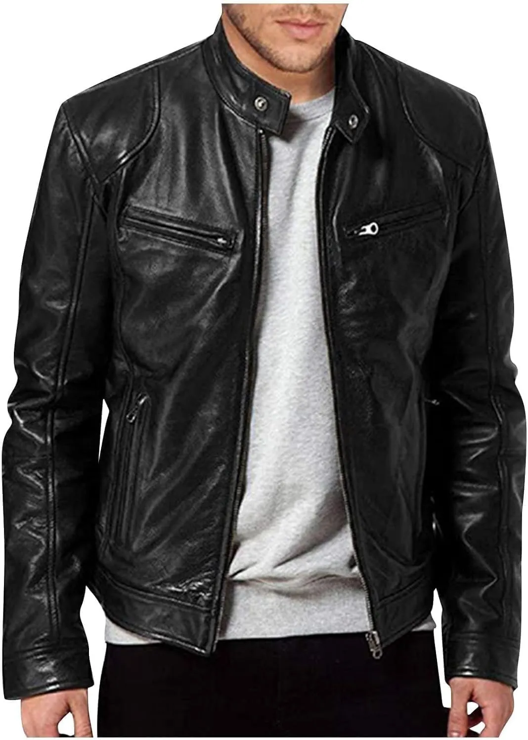 Mens Lightweight Motorcycle Bomber Biker Leather Jackets Stylish Outerwear Zipper Jacket Coat Pockets