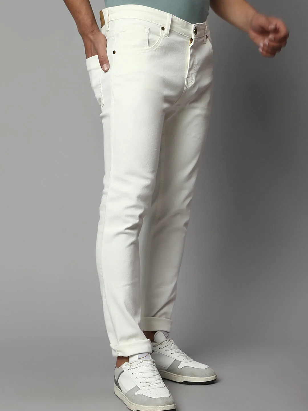 Men's Slim Fit Stretchable Denim Solid Jeans (White)