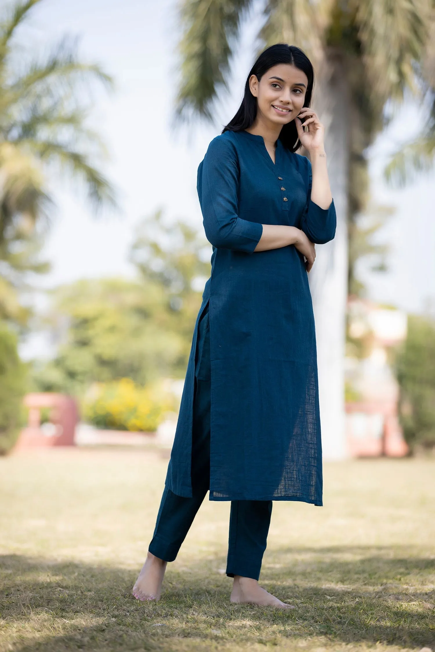 Navy Blue Solid Cotton Kurta Pant Set (pack  of 2)