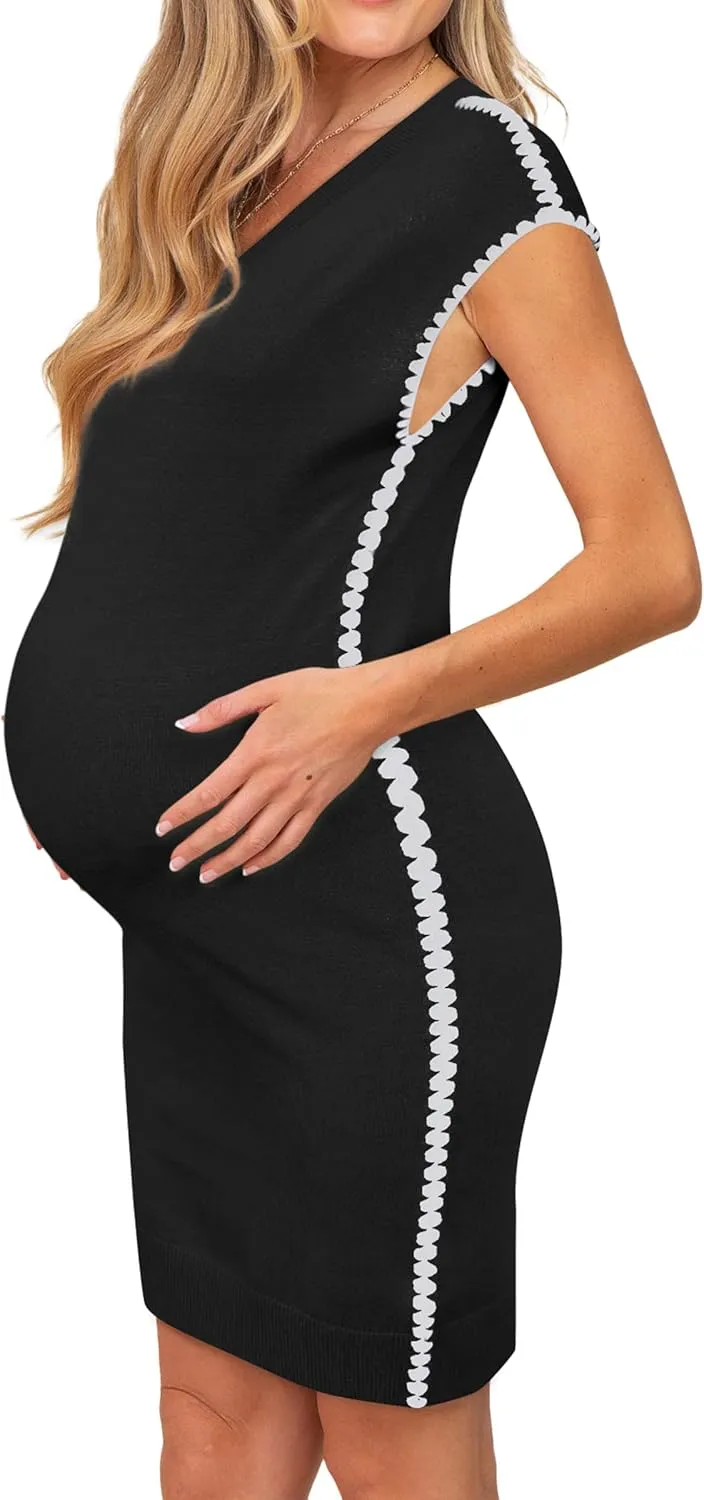 OUGES Summer Maternity RIC Rac Dress Cap Sleeve V Neck Knit Casual Mini Sweater Dress Business Outfits for Women 2025
