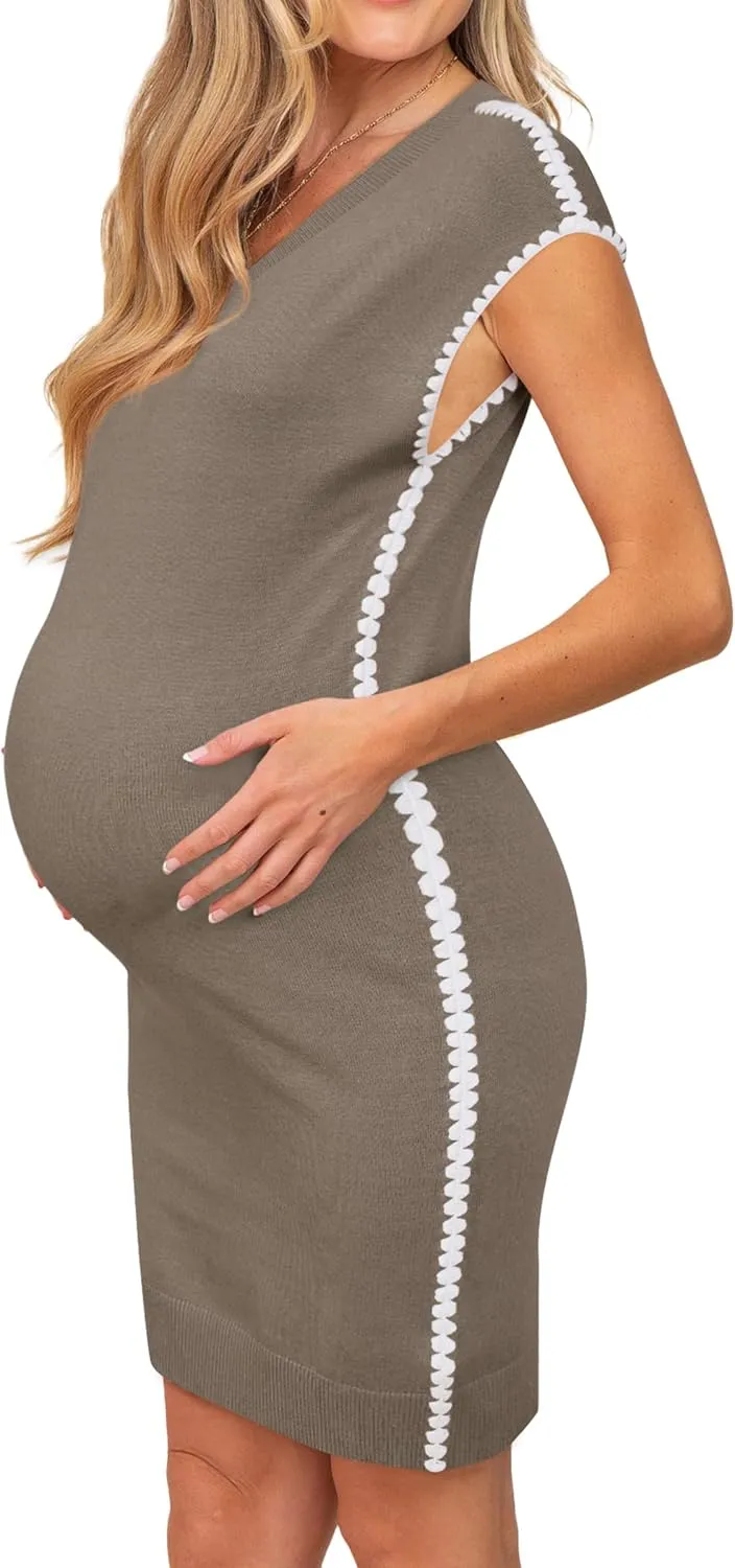OUGES Summer Maternity RIC Rac Dress Cap Sleeve V Neck Knit Casual Mini Sweater Dress Business Outfits for Women 2025