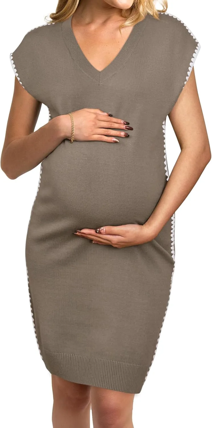 OUGES Summer Maternity RIC Rac Dress Cap Sleeve V Neck Knit Casual Mini Sweater Dress Business Outfits for Women 2025