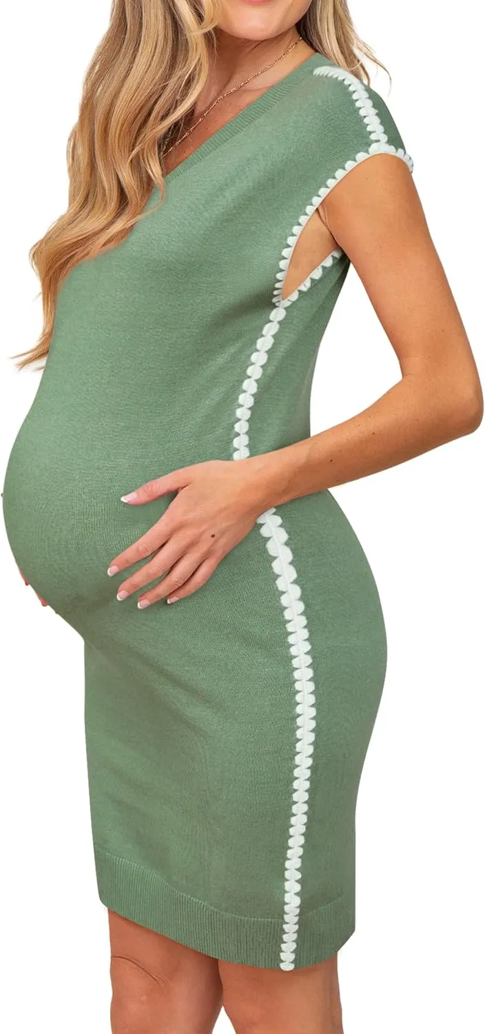 OUGES Summer Maternity RIC Rac Dress Cap Sleeve V Neck Knit Casual Mini Sweater Dress Business Outfits for Women 2025