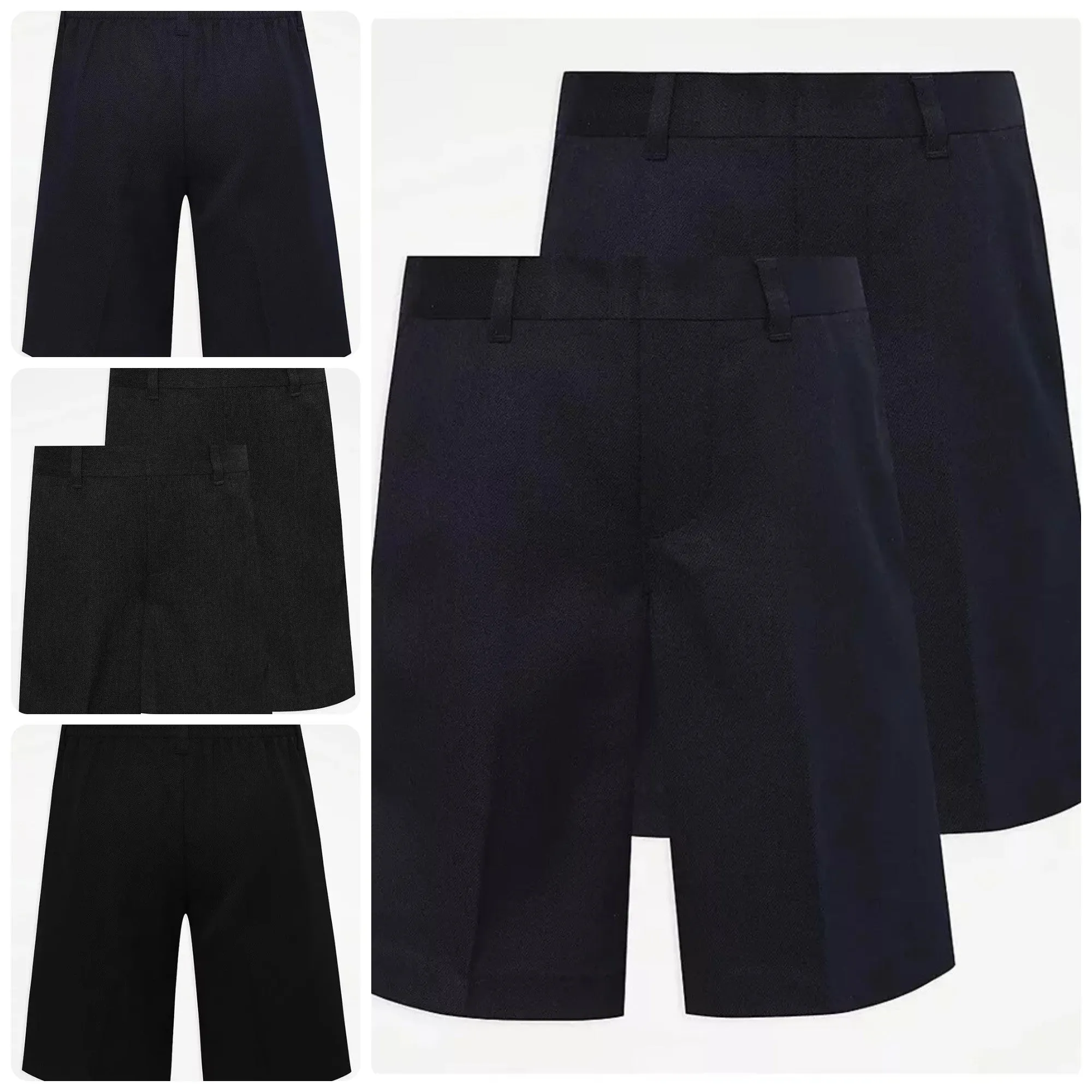 Pack of 2 Boys School Shorts Half Elastic Waist Charcoal, Grey, Navy, Black