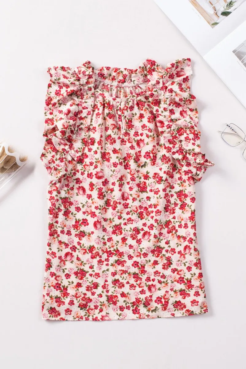 Red Floral Ruffle Tank Top