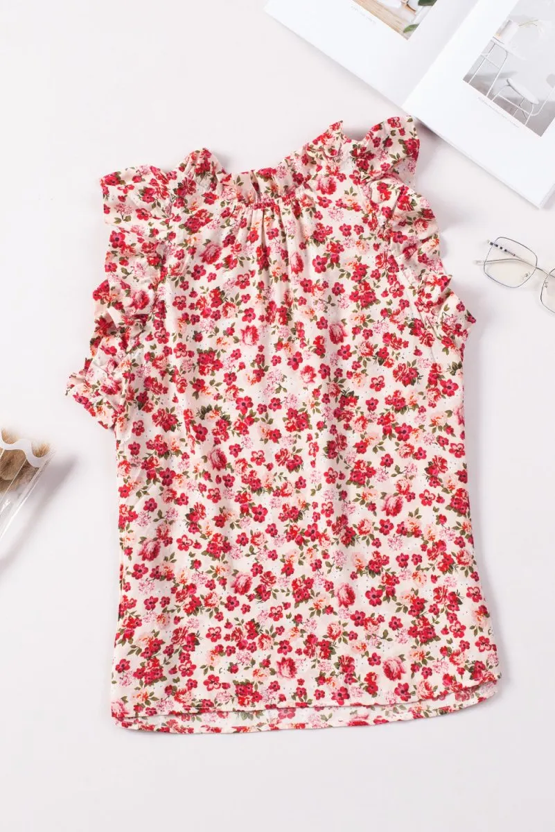 Red Floral Ruffle Tank Top