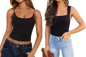 REORIA Womens Sexy Club Square Neck Sleeveless Bodysuits and Scoop Neck Adjustable Ruched Cami Crop Tops 2 Pieces Small