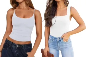 REORIA Womens Sexy Club Square Neck Sleeveless Bodysuits and Scoop Neck Adjustable Ruched Cami Crop Tops Going Out 2 Pieces Large